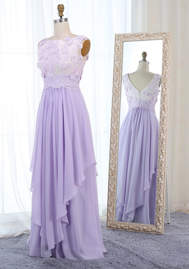 Unique Lilac Chiffon Ruffles Long Lace Applique Prom Dress