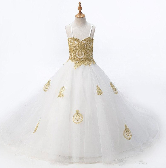 Fashion White With Gold Lace Flower Girls Dresses Princess Designer For Wedding Kids Girls Tulle Ruched With Spaghetti Straps