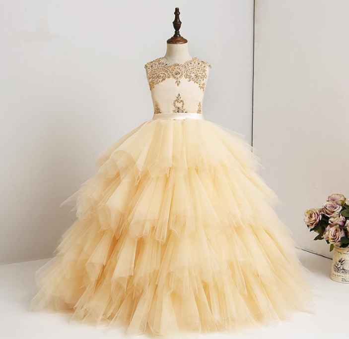 Flower Girl Dresses High Quality Made Lace Beaded Ruffles Tulle Girl Prom Dress Pageant Gown