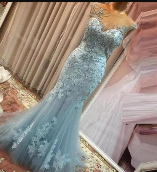 Blue Sexy Prom Dresses Long With Sheer Neckline Beads Crystals Appliques Lace Mermaid Evening Gowns Tulle Party Dress Women Formal Vestidos