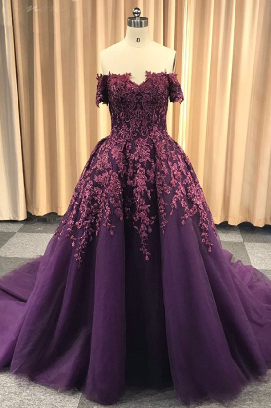 Purple Tulle Off Shoulder Strapless Sweep Train Long Winter Formal Prom Dress