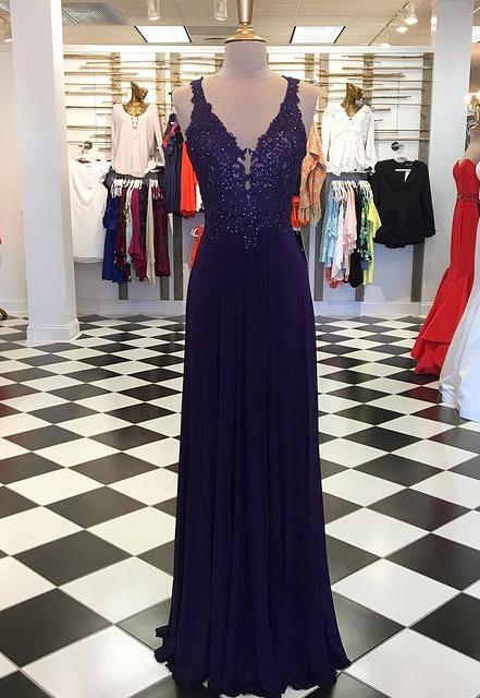 V-neck Long Prom Dresses With Appliques And Beading,formal Dress,dance Dresses
