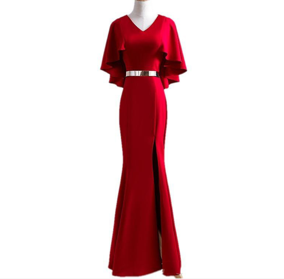 Prom Dresses, Half-sleeve V-neck Fishtail Red Evening Dress Slits Long Formal Dress Women's Dress