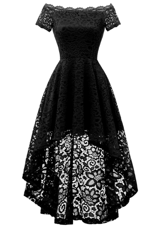Prom Dresses,Banquet Evening Dress Off Shoulder High Low Lace Dress Short Sleeve Front Short Back Long Cocktail Dress