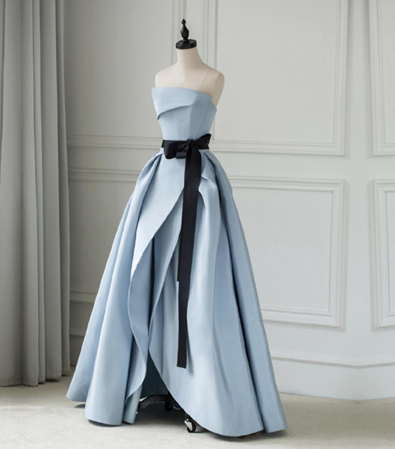 Blue High Split Prom Dress Long Strapless Backless