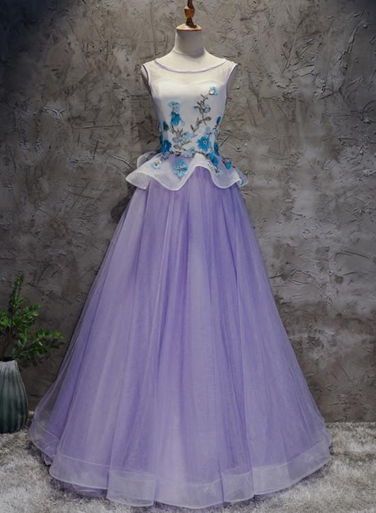 Charming Lavender Tulle Floor Length Floral Prom Dress, A-line Formal Dress