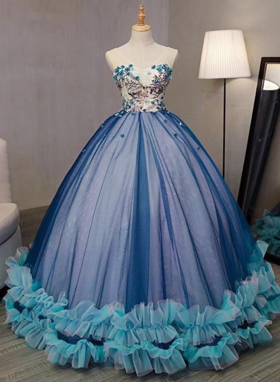 Charming Blue Tulle Strapless Long A Line Sweet 16 Prom Dress, Floral Evening Dress