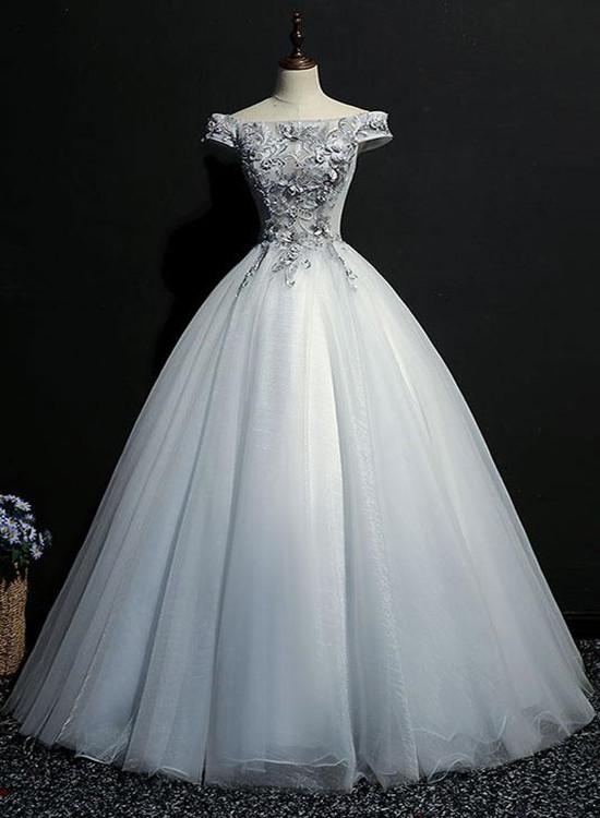 Beautiful Tulle Off Shoulder Grey Formal Gowns, Grey Party Dress,