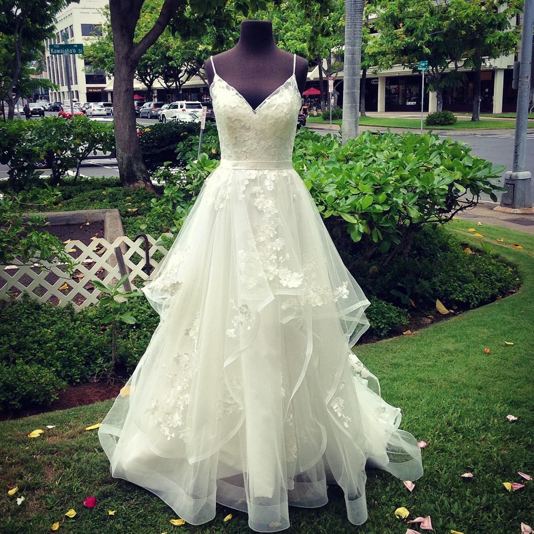 A-Line Spaghetti Straps Sweep Train Wedding Dress with Appliques