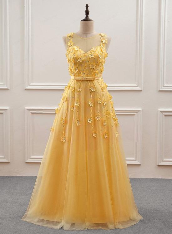 Yellow Flowers Beading Tulle Long Prom Dress A-line Party Evening Dress