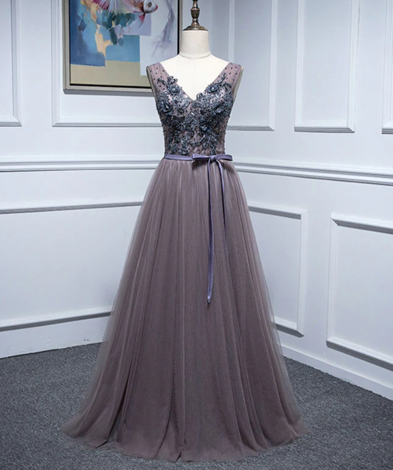 Prom Dresses,elegant V Neck Tulle Lace Long Prom Dress, Lace Evening Dress