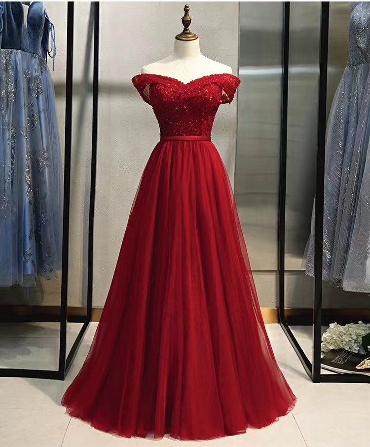 Off Shoulder Prom Dress, Red Evening Dress,elegant Formal Dress With Bead,custom Made