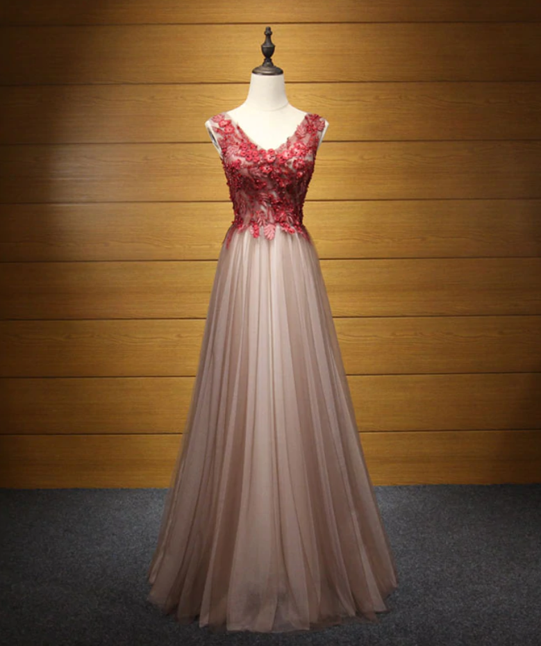 Prom Dresses,elegant V Neck Tulle Lace Applique Long Prom Dress, Evening Dress