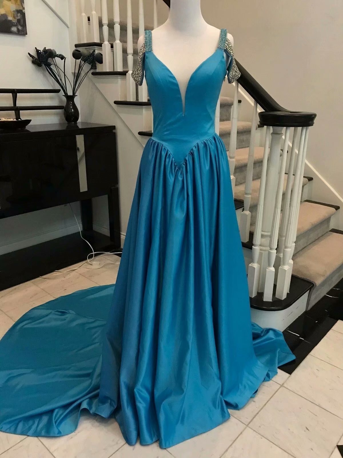 Sexy Backless Blue Prom Dresses Satin Deep V Neck Off The Shoulder Long Evening Dress