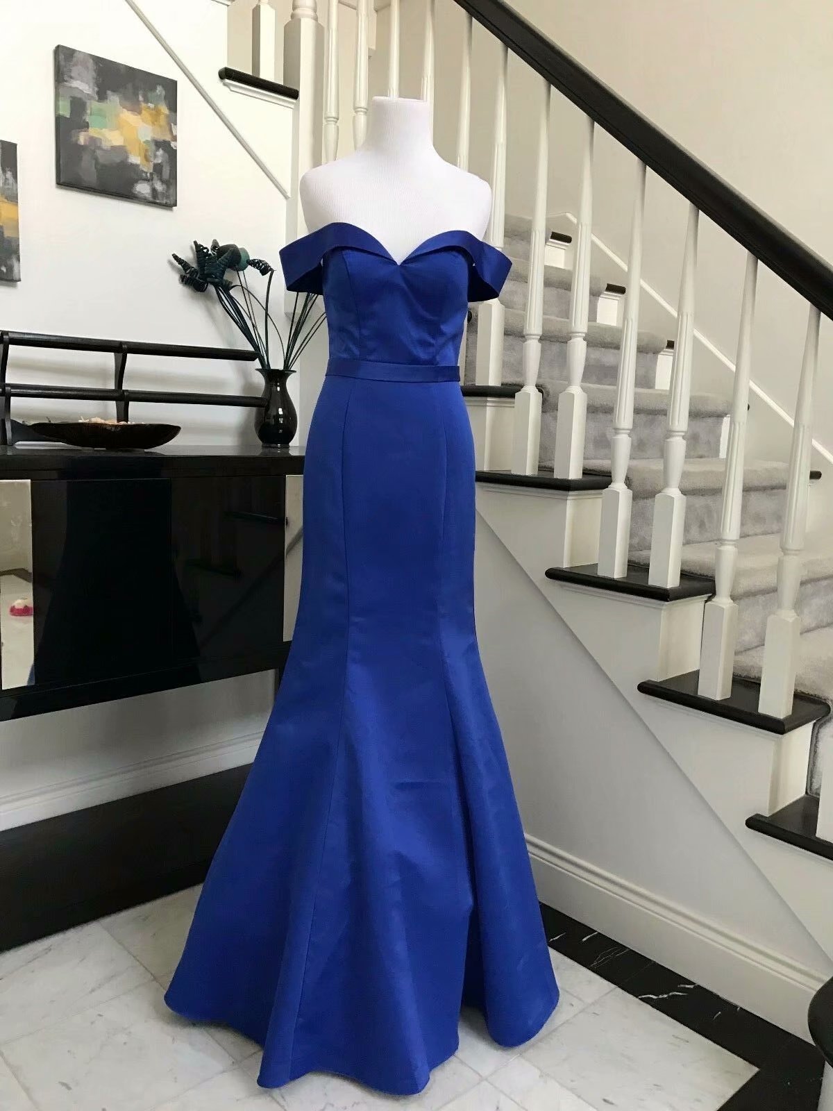 Fashion Mermaid Prom Dresses Satin Floor Length Off The Shoulder Royal Blue Evening Gowns