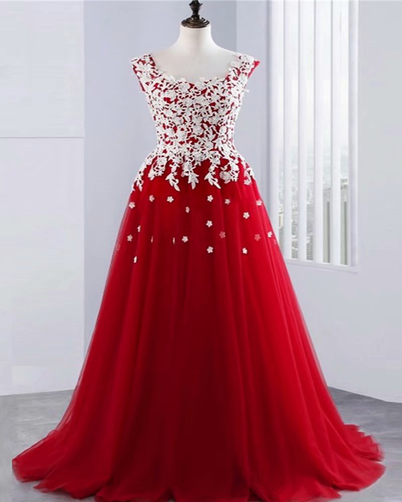 Red Evening Dresses Scoop Neck Sleeveless Lace Up Sweep Train With Lace Top Custom Made Prom Dresses