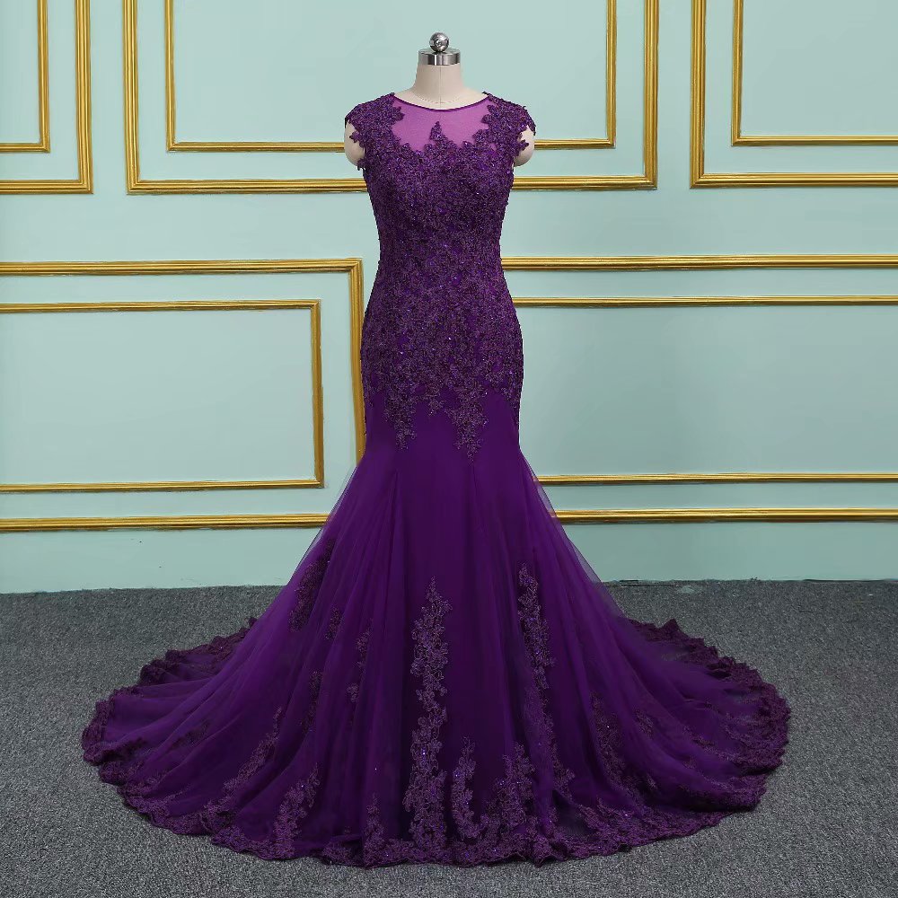 Purple Mermaid Long Prom Dresses Tulle Beaded Appliques Sheer Neck Evening Dress