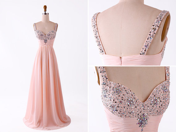 Custom Made Pretty Pink Beadings Straps Long Prom Dresses , Pink Formal Dresses, Pretty Pink Evening Dresses