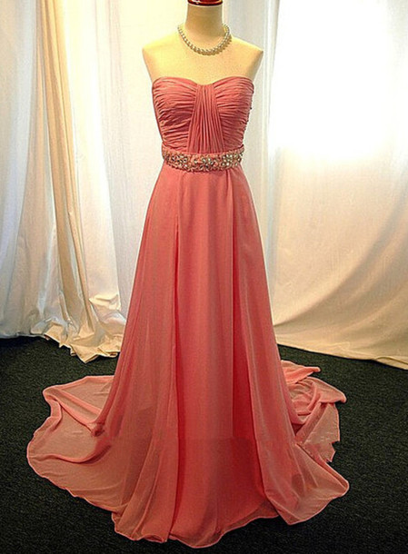 Chiffon Prom Dresses,strapless Prom Dress,modest Prom Gown,coral Prom Gowns,beading Evening Dress,sparkle Evening Gowns