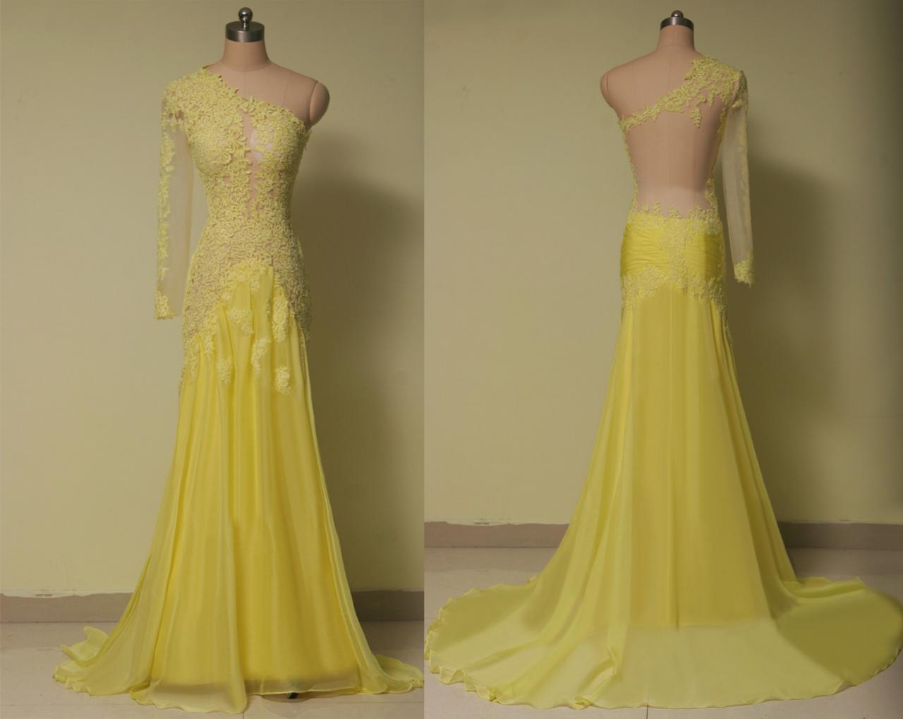 One Shoulder Prom Dresses,lace Evening Dress,chiffon Prom Dress,yellow Prom Dresses,backless Prom Gown,long Sleeves Prom Dress,fashion Evening