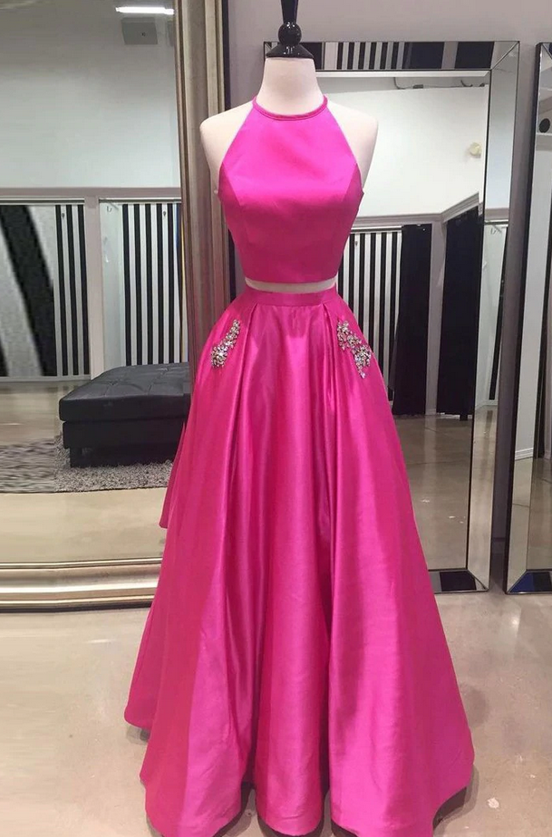 Prom Dresses Two Pieces Prom Dress With Pockets, Floor Length Formal Dresses