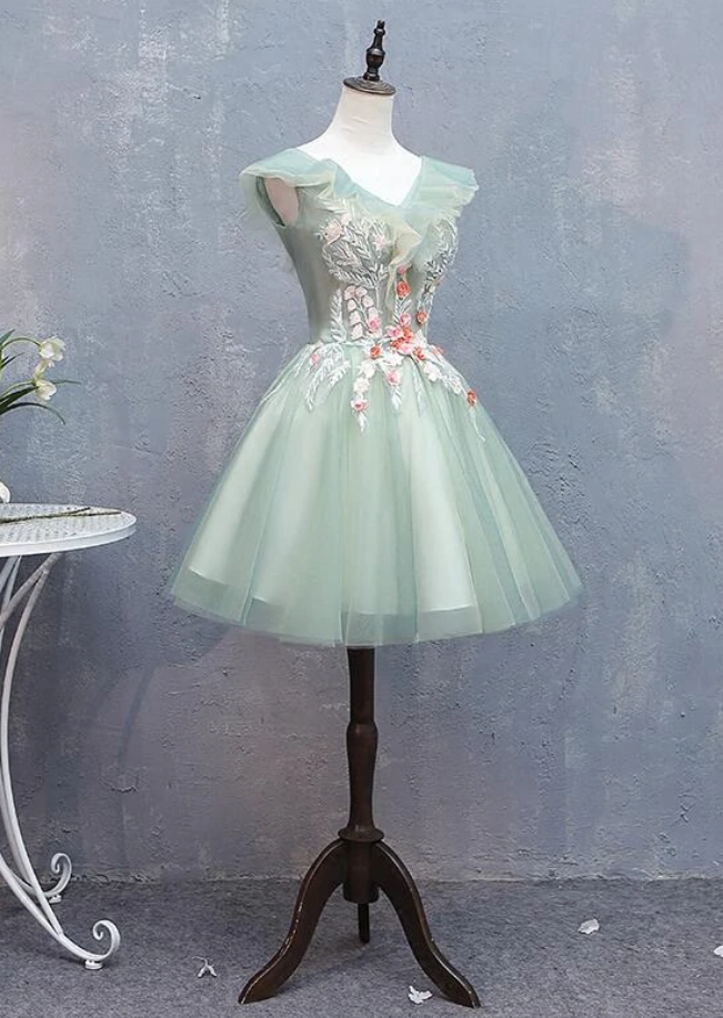 Homecoming Dresses Cute Short Tulle V-neckline With Flower Lace Party Dress Homecoming Dress, Short Formal Dresses