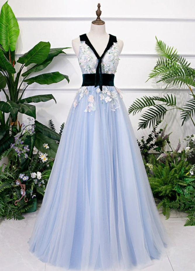 Prom Dresses Tulle With Flowers Lace Long Evening Dress Prom Dress, A-Line Party Dresses