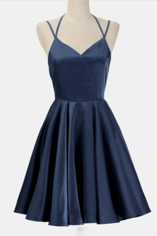 Homecoming Dresses A Line Dark Blue Homecoming Dresses, Satin V Neck Short Prom Dresses, Sleeveless Backless Cocktail Dresses, Homecoming Dresses