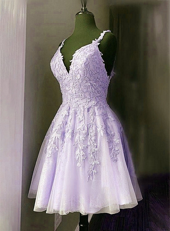 Lilac Tulle Short Straps Party Dress Homecoming Dress, Tulle Short Prom Dress