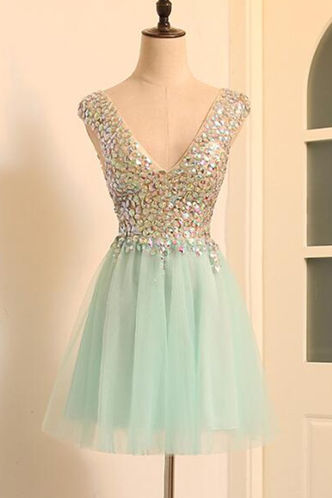 Mint Tulle V-neck Beaded Short Prom Dress For Teens,tulle Party Dress