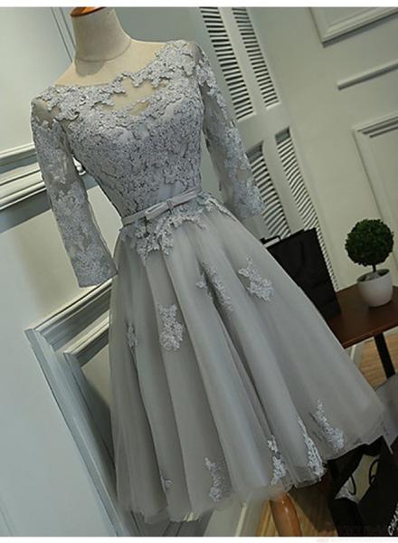 Cute Short Grey Lace Homecoming Dresses, Tulle Party Dress