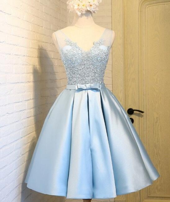 A-line Light Blue Homecoming Dress,v Neck Short/mini Satin Sleeveless Homecoming Dress,zipper Back Homecoming Dress