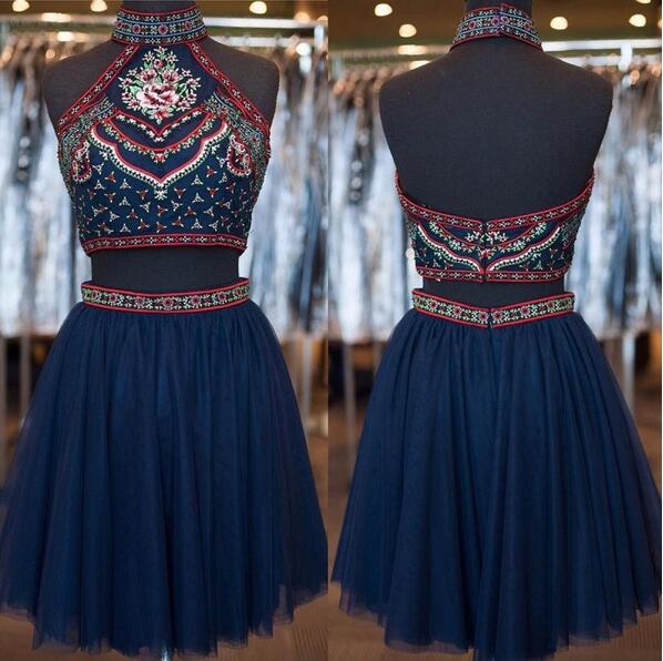 Two Piece Homecoming Dress,navy Blue Homecoming Dress,open Back Party Dress,short Prom Dress With Embroidery