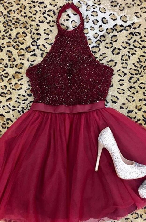 Burgundy Tulle Homecoming Dress,short Prom Dress,halter Backless Beaded Homecoming Dress