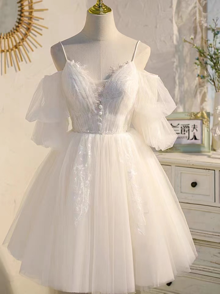 White Party Dress, Spaghetti Strap Homecoming Dress,fairy Birthday Dress