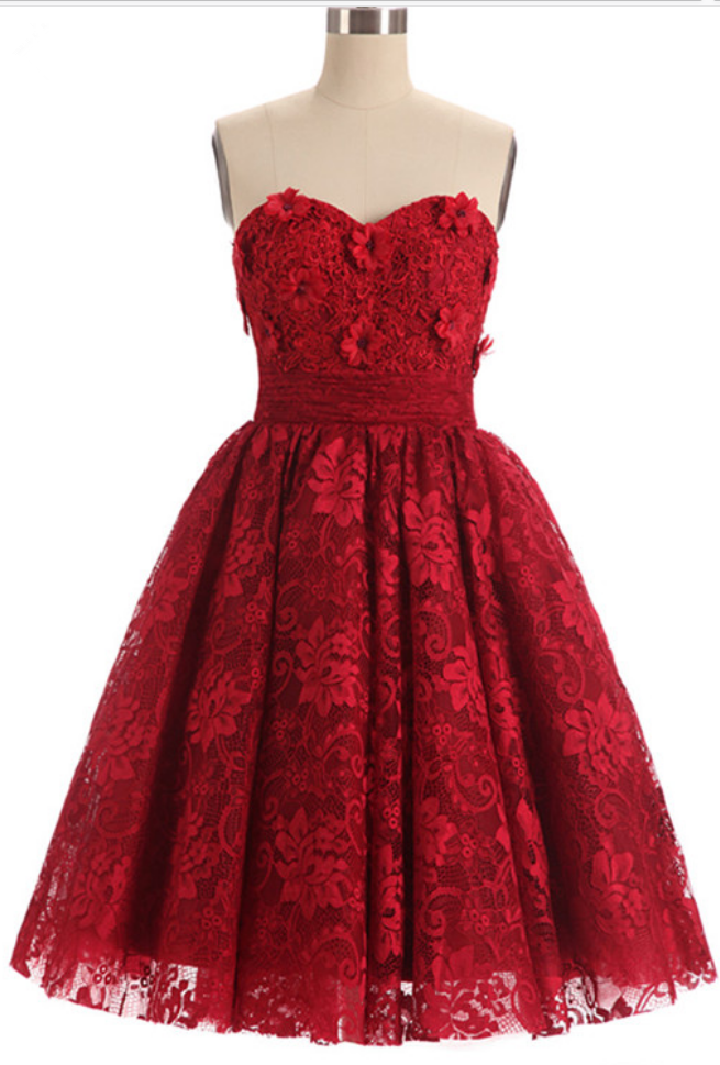 Lace Appliques Prom Dress, Short Red Evening Dress ,sexy Strapless Homecoming Dress