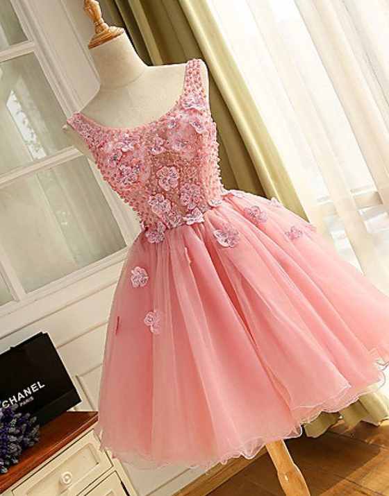 Applique Prom Dresses,short Pink Homecoming Dress With Beading