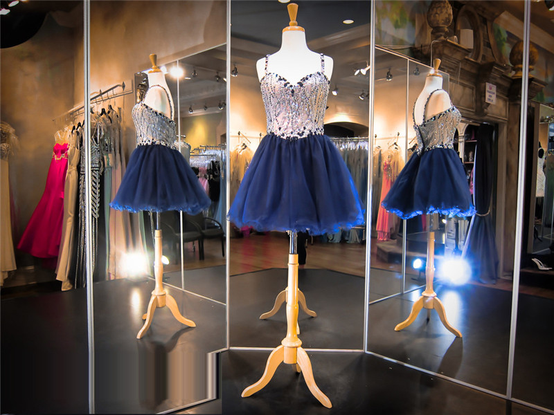 Navy Blue Prom Dress,sweetheart Short Prom Dress,spaghetti Straps Homecoming Dres
