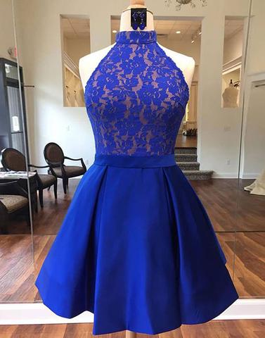 Royal Blue Lace Prom Dress, Halter Neck Mini Prom Gowns ,short Homecoming Dress For Junior