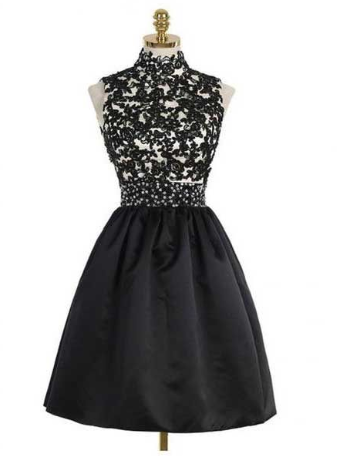 Black High Neck Lace Prom Dress, Short Women Satin Homecoming Dress, Knee-length