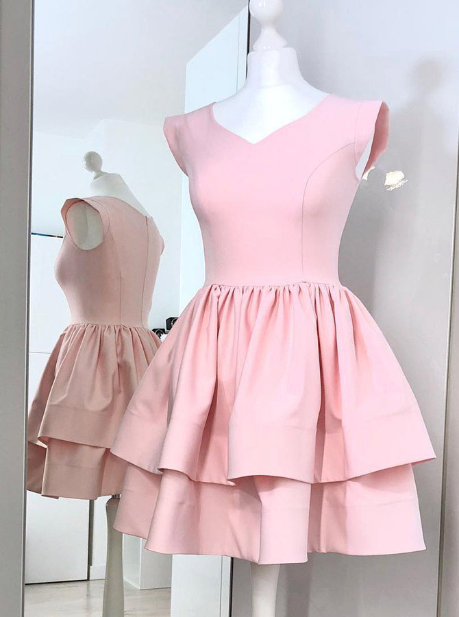 A-line V-neck Cap Sleeves Pink Homecoming Dress, Two Layers Satin Mini Prom Dresses, Sweet Dress