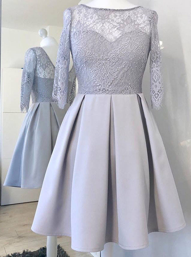 Long Sleeves Grey Homecoming Dress With Lace, Short Satin Graduation Dress With Lace