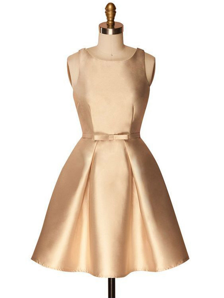 Gold A Line Sleeveless Satin Mini Homecoming Dresses, Simple Short Prom Dress With Bowknot