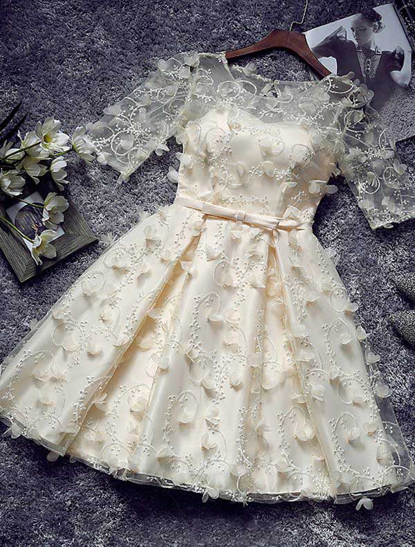 Unique Short Cocktail Dress Champagne Tulle Sleeves Party Dress With Flowers, A Line Princess Homecoming Dress