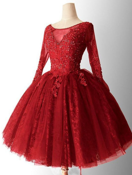 Chic A-line Red Homecoming Dresses, Lace Short Prom Dress, Long Sleeve Homecoming Dress