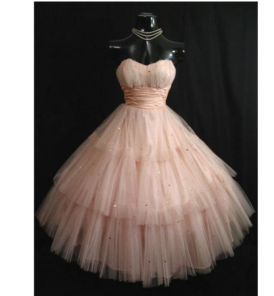 Shell Pink Prom Dresses, Strapless Layered Tulle Sequins Tea Length Short Homecoming Dress, Ball Gown Wedding Party Gowns