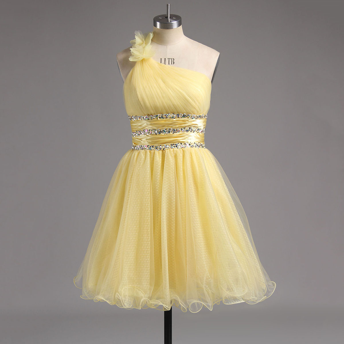 Princess Light Yellow Short Homecoming Dress, Asymmetric Tulle Homecoming Dress with Beaded Ribbon, Floral One Shoulder Homecoming Dress