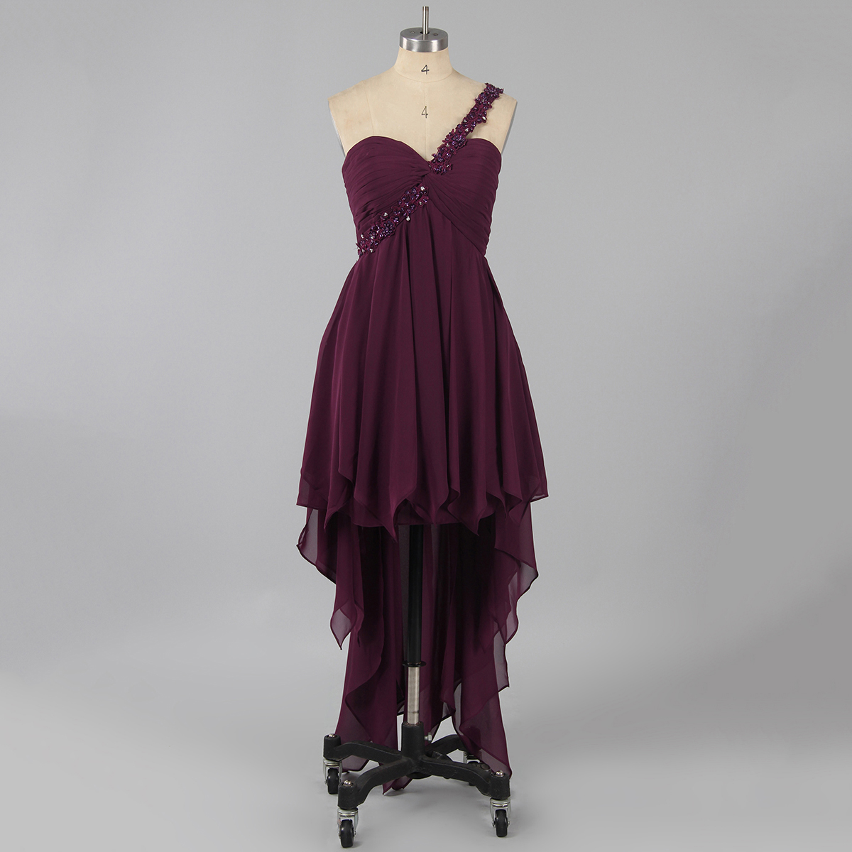 Asymmetric High Low Plum Homecoming Dress With Pleats, Chiffon Homecoming Dress With One Beaded Strap, Sexy Homecoming Dress With Open Back