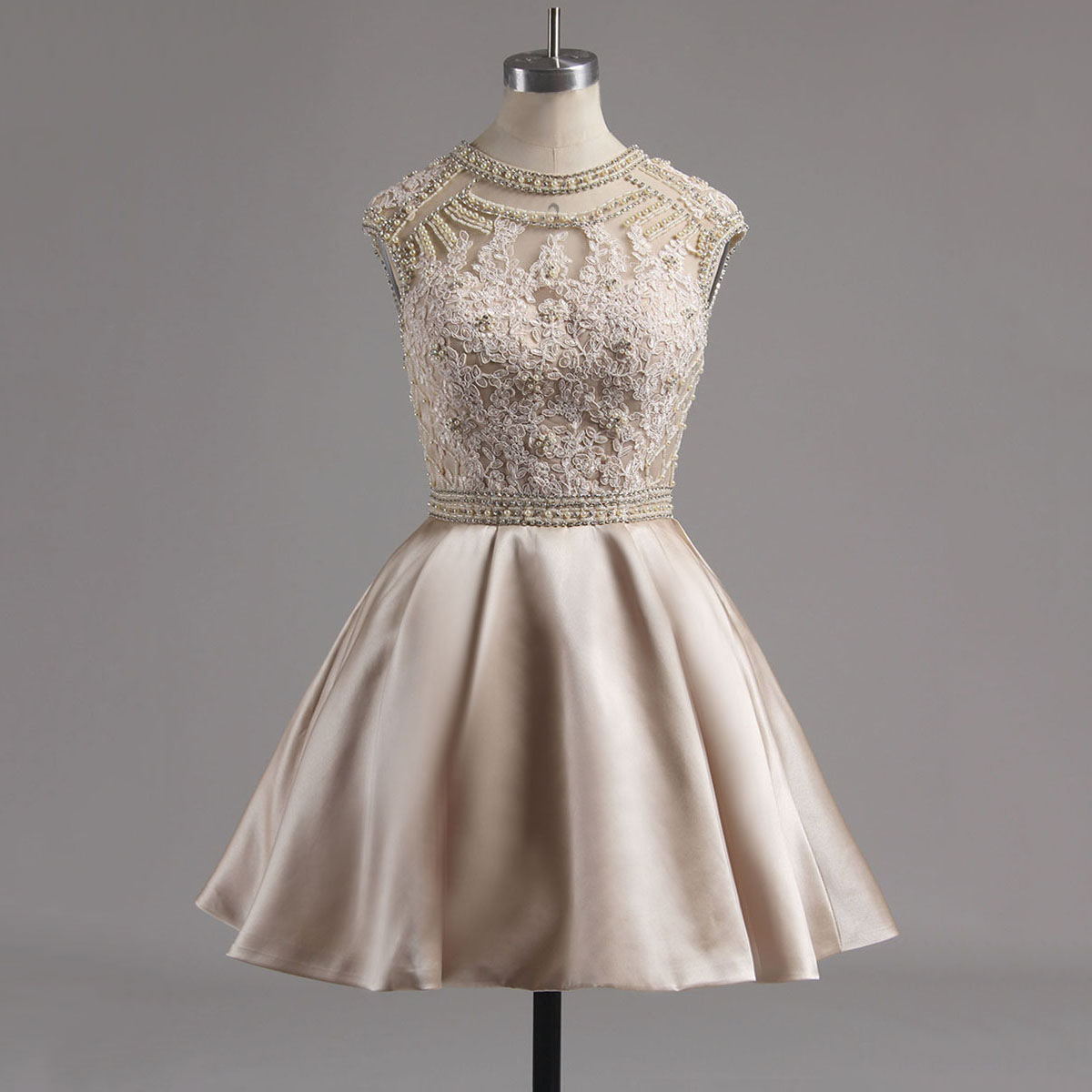 Jewel Neck Nude Satin Homecoming Dress With Lace Appliques, Cap Sleeves  Beaded Homecoming Dress, Ope on Luulla