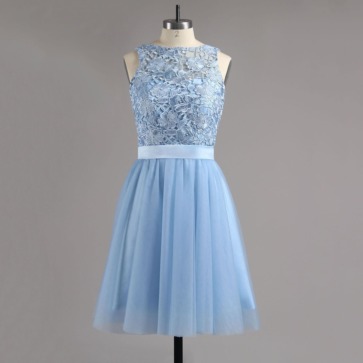 Ice Blue Homecoming Dress With Sash, Tulle Homecoming Dress With Lace Appliques, Short Open Back Homecoming Dress